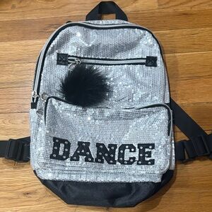 Silver Sequin 'DANCE' Backpack with Black Pom Pom new no tags
